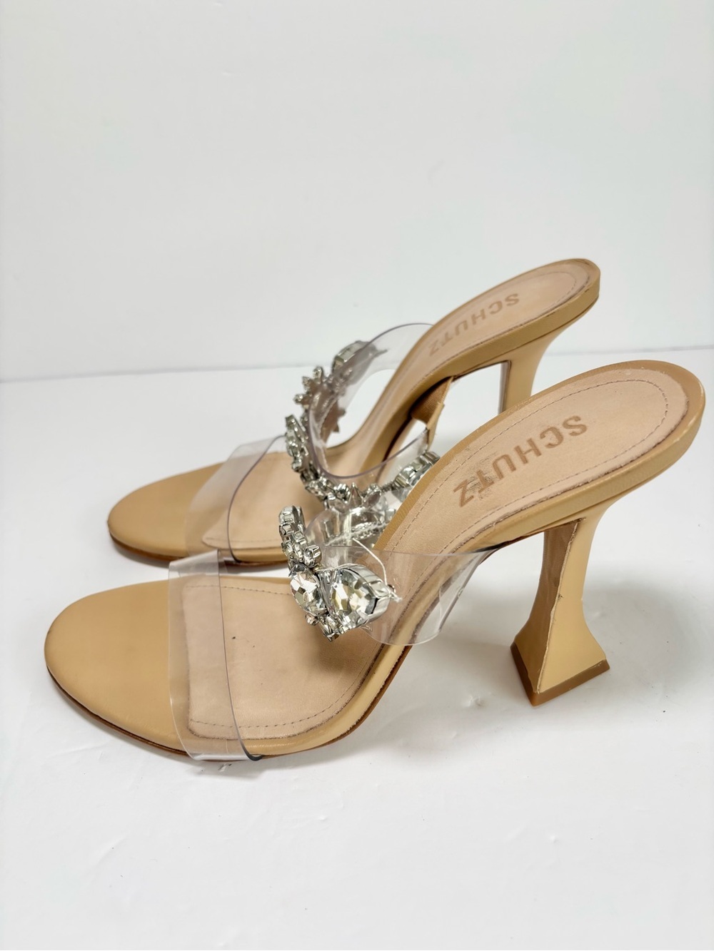 Schutz Laureen Crystal Nude Sandals Block Heel Made in Brazil Size 8.5B - Picture 8 of 13